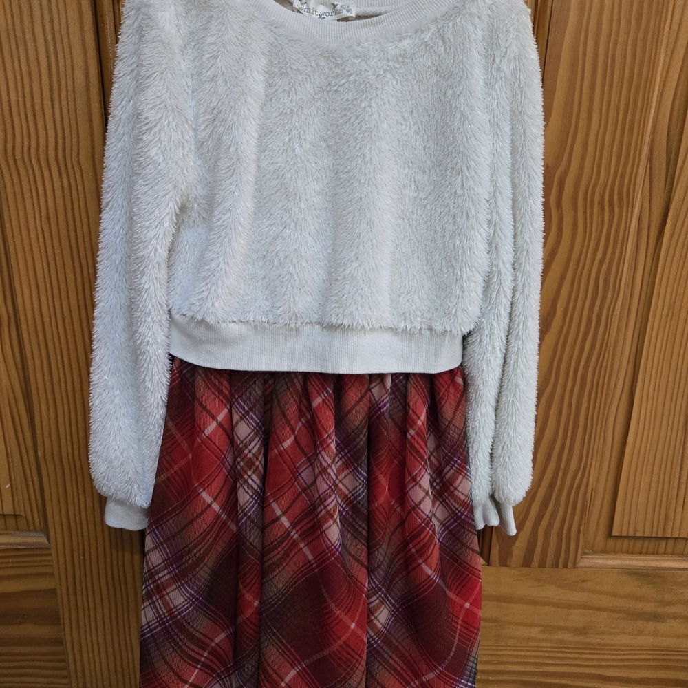 Chic White Fuzzy Top with Red Plaid Skirt